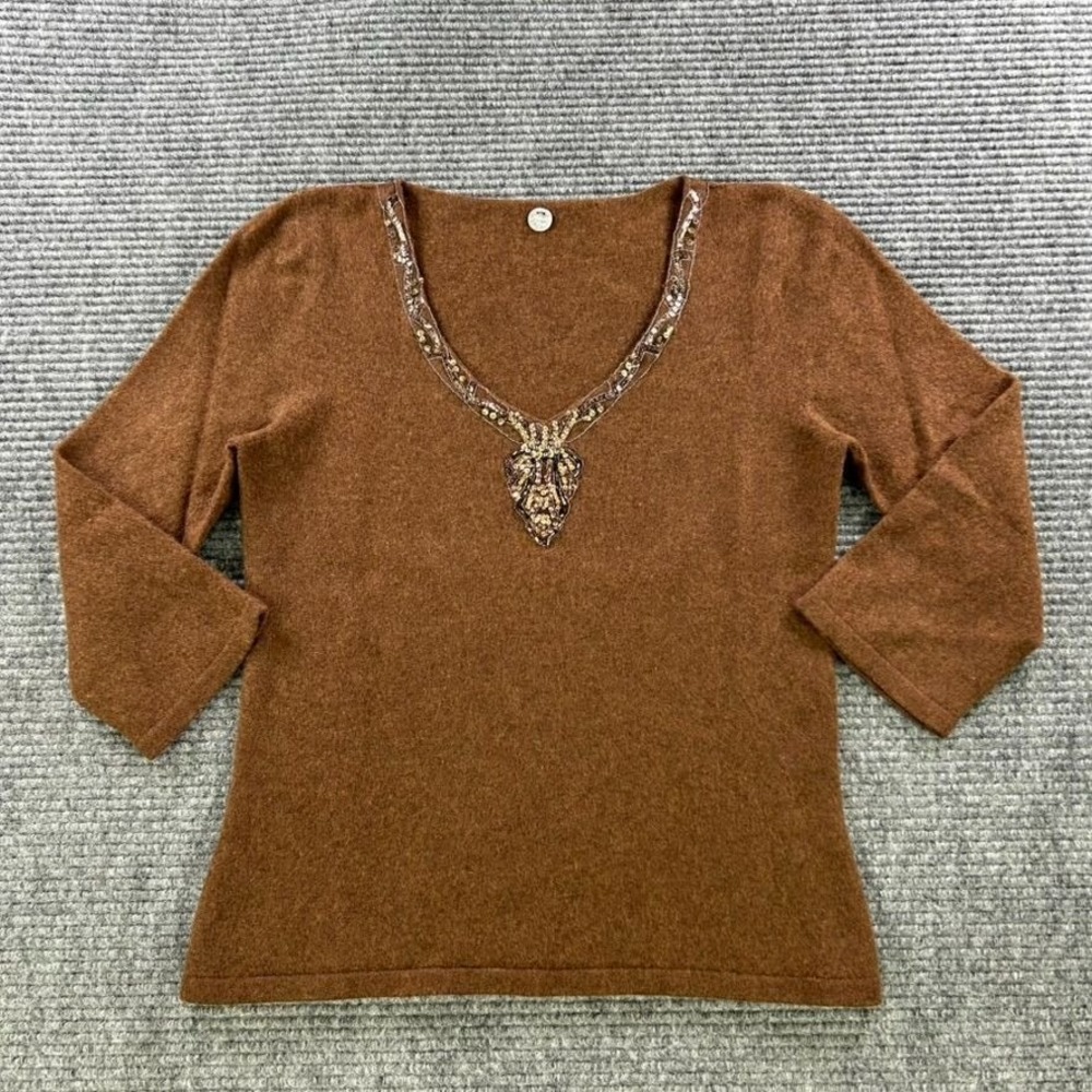 Margaret OLeary 100% Cashmere Brown‎ V-Neck Sweater Beaded Embellishment Womens